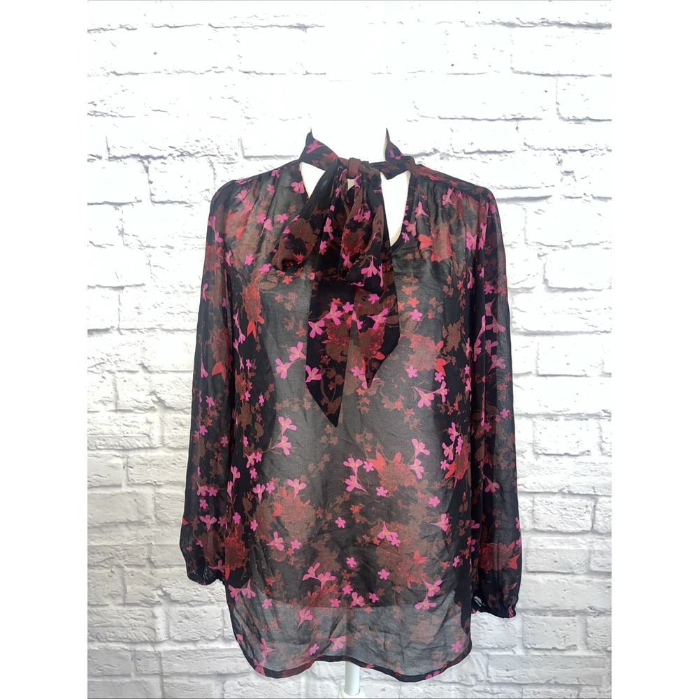 Cabi Women's Whimsigoth Romantic  Feminine Floral Sheer Tie Neck Blouse Size XS